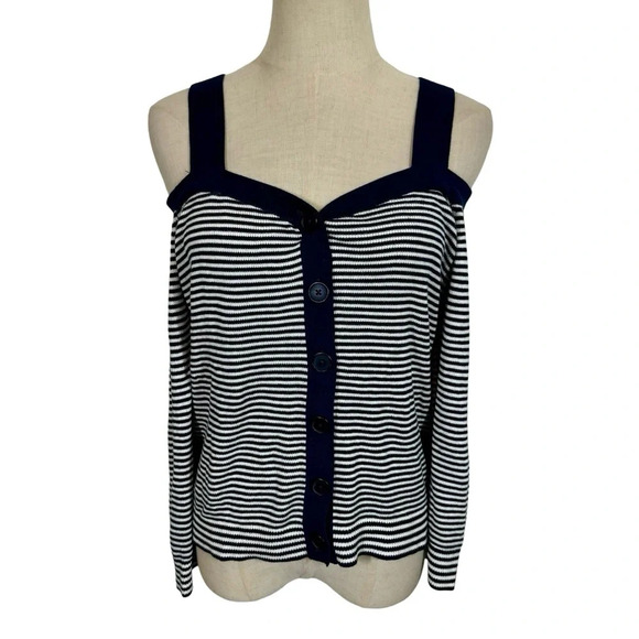 Anthropologie Krissy Striped Cold Shoulder Cardigan Navy - Picture 3 of 8
